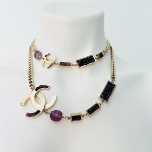 Chanel Y2K Gold Metal and Amethyst Curb Link Necklace Authentic